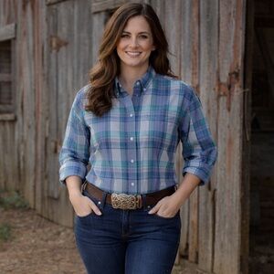 🛍️3 For $10🛍️ Shyanne Collection Periwinkle Blue Plaid Button Down Shirt, Sz XL